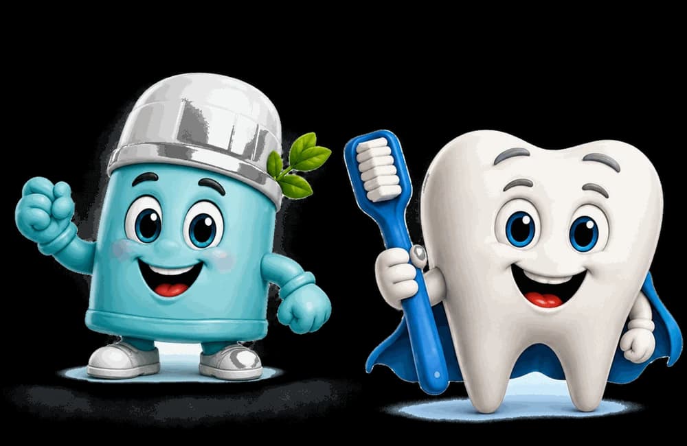 Fresh Fred the deodorant and Tommy Tooth holding a toothbrush, side by side