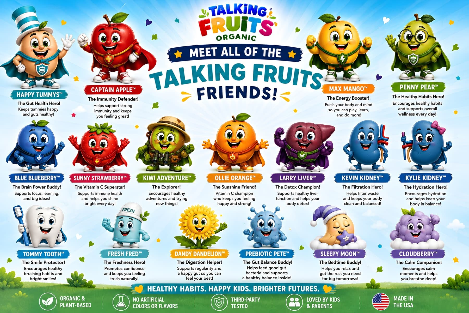 The Talking Fruits Friends — Captain Apple the Immunity Defender, Happy Tummys the Gut Health Hero, Blue Blueberry the Brain Power Buddy, Max Mango the Energy Booster, and the rest of the cast